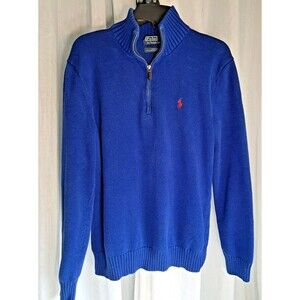 Polo Ralph Lauren Blue Red Pony Logo 1/4 Zip Knit Cotton Sweater Mens Medium